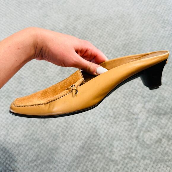 Vintage Y2K Calf Hair Warm Brown Leather Square Toe Mule Heels Franco Sarto - Picture 6 of 7